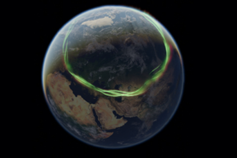 Illustration der Erdkugel aus dem All mit Blick auf Europa und ein riesiges, grün leuchtendes Band