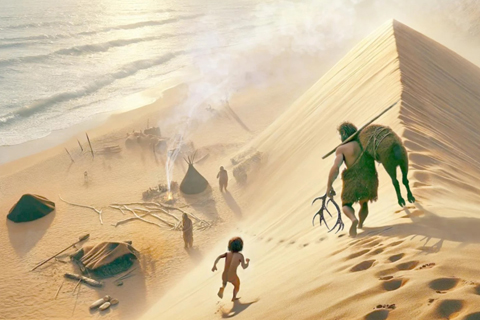 Ein Strand mit Sanddüne, ein Jäger mit erlegtem Hirsch, ein Kind, weiter unten ein Lager und Meereswellen